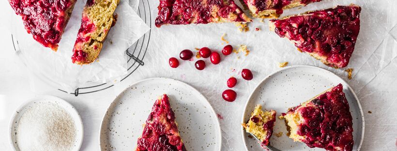 slices of gluten-free holiday cranberry cake with raw cranberries 